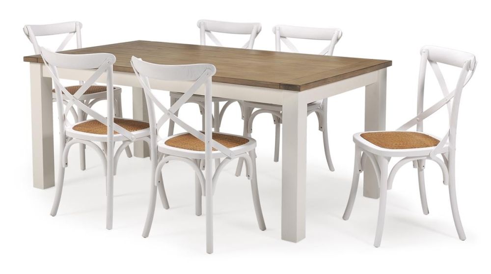 Quebec 1800 Dining Table + 6 White Cross Back Dining Chairs